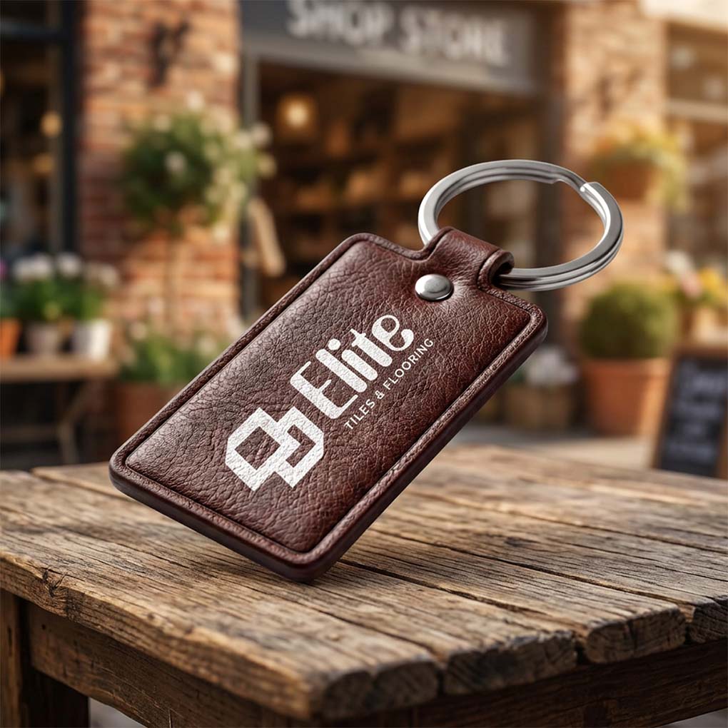 Custom leather keychain printing in Dubai with company logo for premium corporate gifts