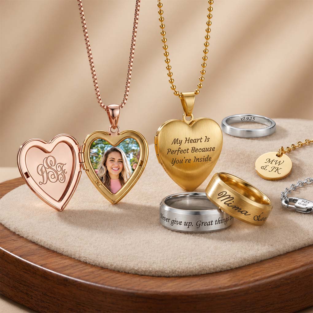Personalized jewelry laser engraving in Dubai for necklaces, lockets, rings and custom gifts
