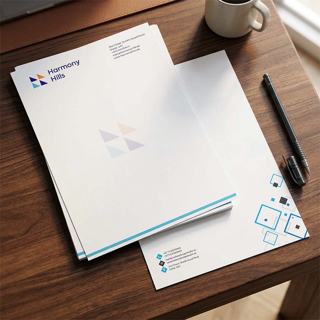 Corporate letterhead printing in Dubai with custom branded business stationery and professional company design