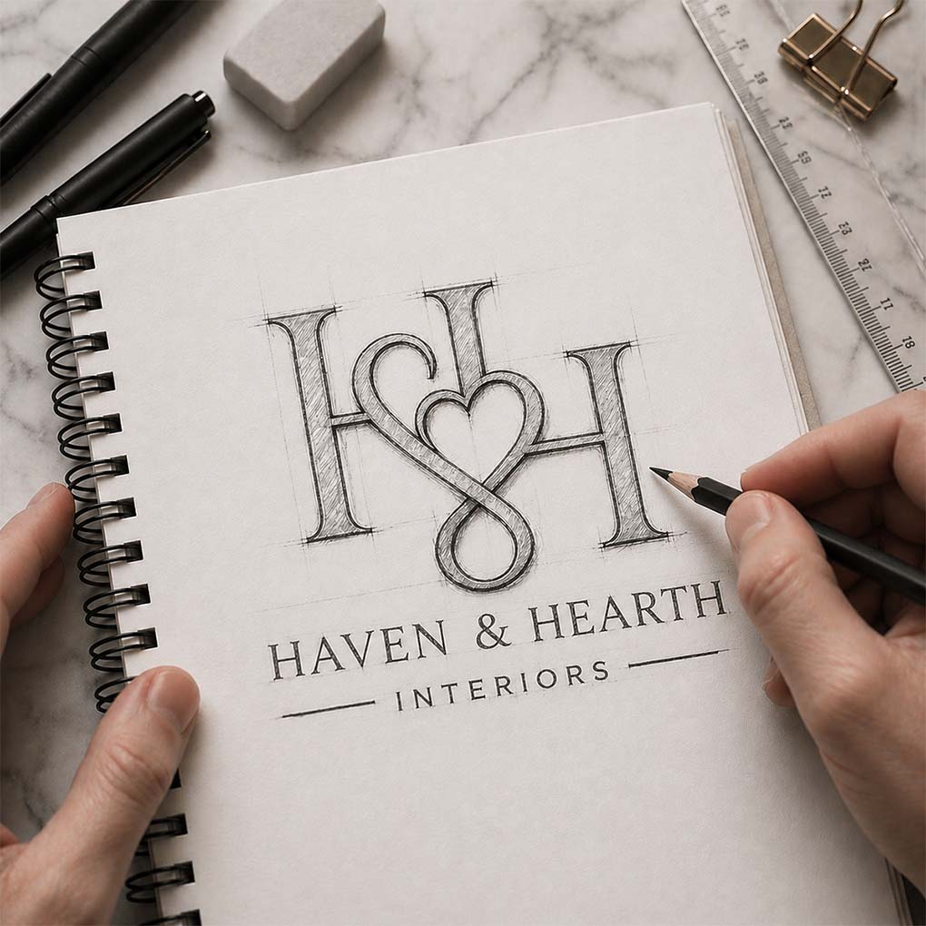 Custom logo design process in Dubai showing hand-drawn brand identity concept and professional logo development