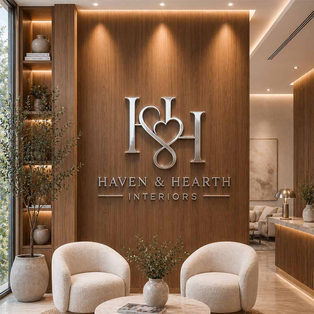 Interior design company logo branding in Dubai with premium 3D metallic wall logo and corporate identity
