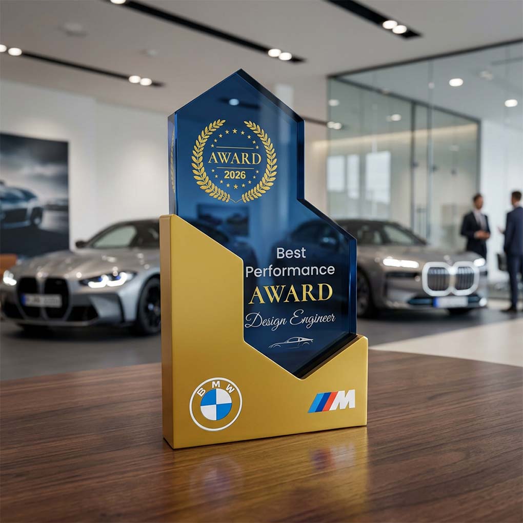 Custom best performance trophy award with branded logo and premium acrylic design in Dubai