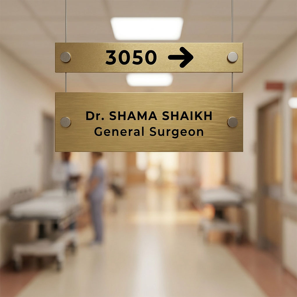 Brass office directional name plate with room number and doctor name for indoor signage in Dubai