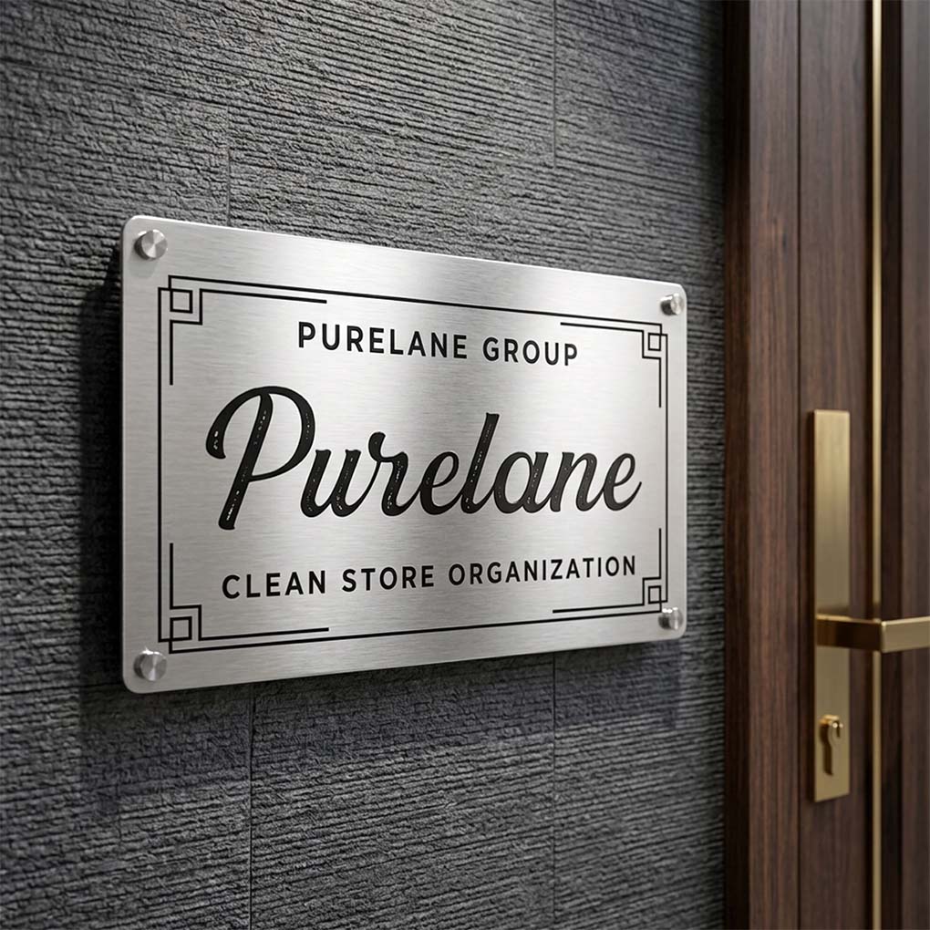 Custom stainless steel name plate with engraved company branding and wall mounting in Dubai