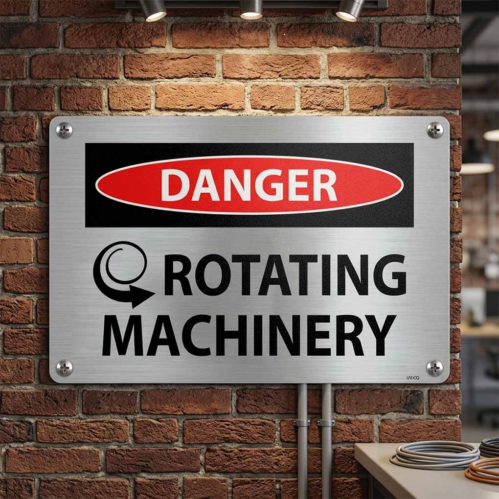 Custom metal safety warning sign for rotating machinery and industrial workplace signage in Dubai