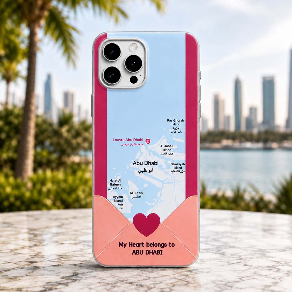 Custom Abu Dhabi map phone case with personalized UAE landmark design and mobile cover printing