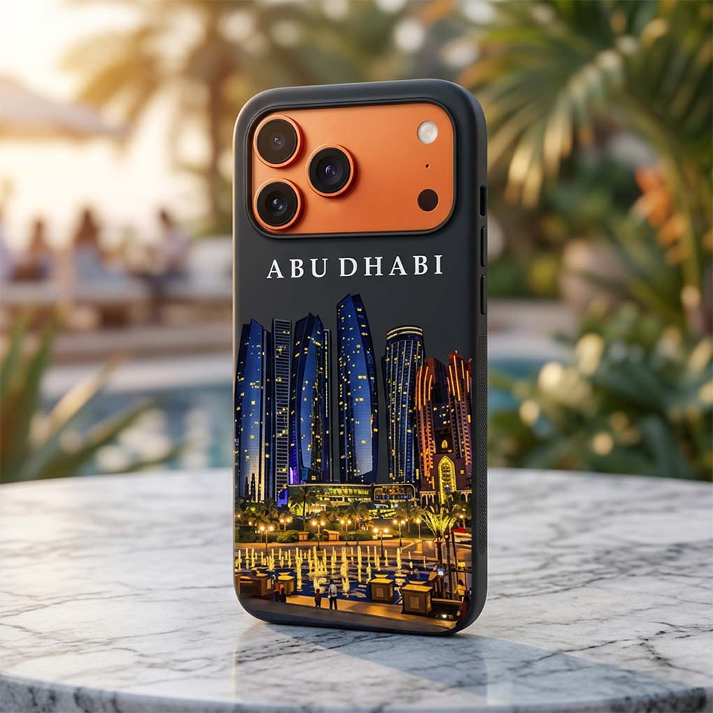 Custom mobile cover printing with Abu Dhabi skyline design for personalized phone cases in UAE