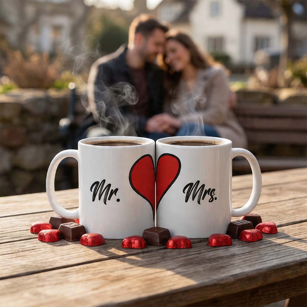 Custom Mr and Mrs couple mug printing with matching heart design for personalized gifts in Dubai