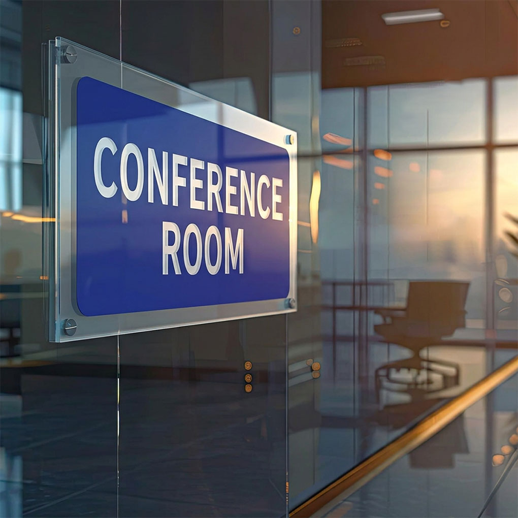 Custom acrylic conference room sign with raised lettering and wall-mounted standoffs in Dubai