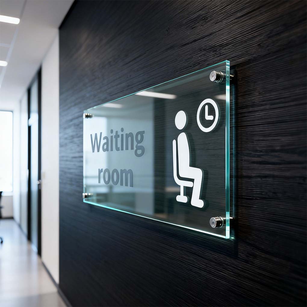 Wall-mounted clear acrylic waiting room sign with custom graphics for offices and clinics in Dubai
