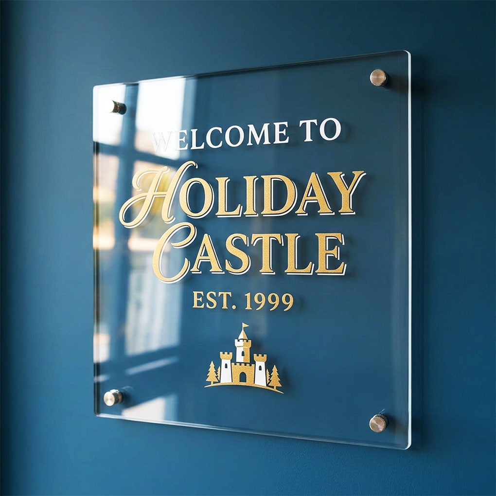 Custom clear acrylic name board with printed business logo and metal wall mounts in Dubai