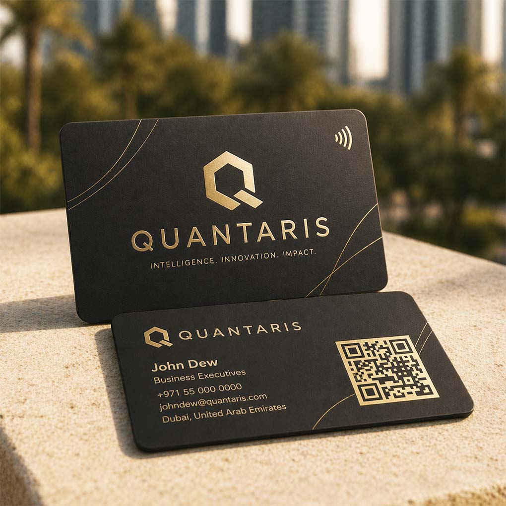 Luxury black and gold NFC business card with QR code for executives and corporate professionals in Dubai