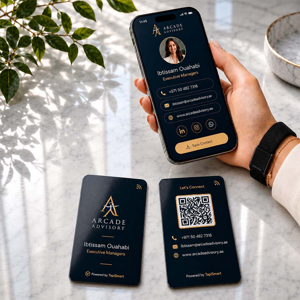 Premium NFC digital business card with QR code and mobile contact profile for professionals in Dubai
