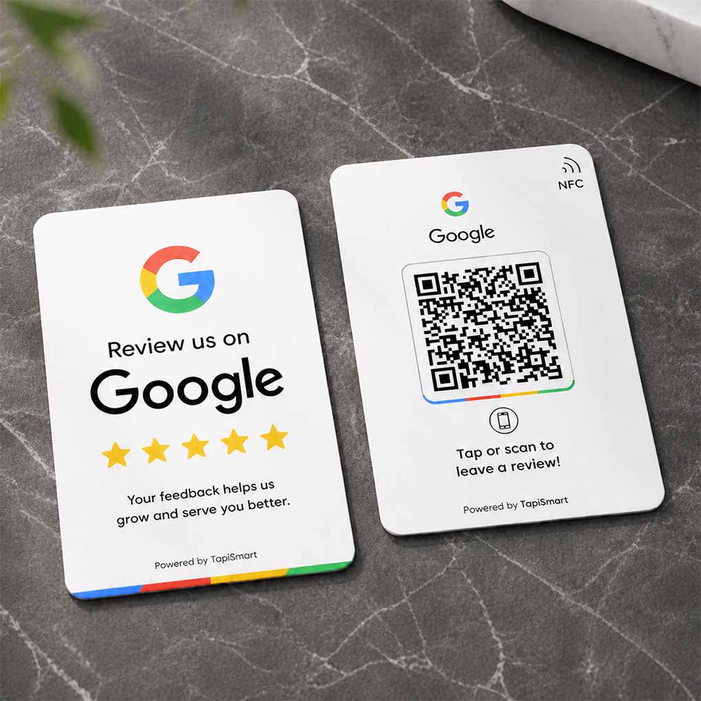 White NFC Google review card with QR code and tap-to-review feature for businesses
