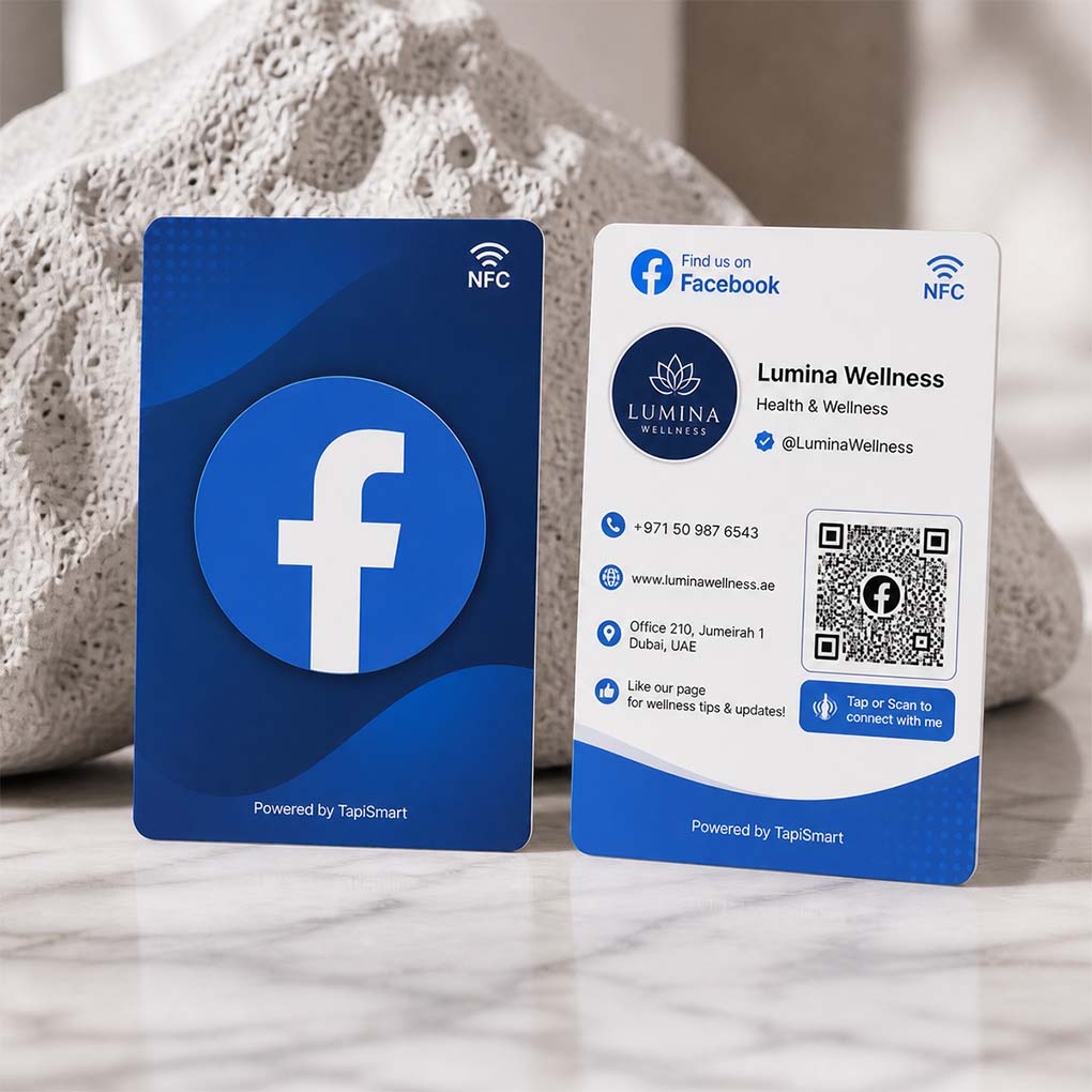 Facebook NFC business card in Dubai with QR code for tap to connect business page and contact details