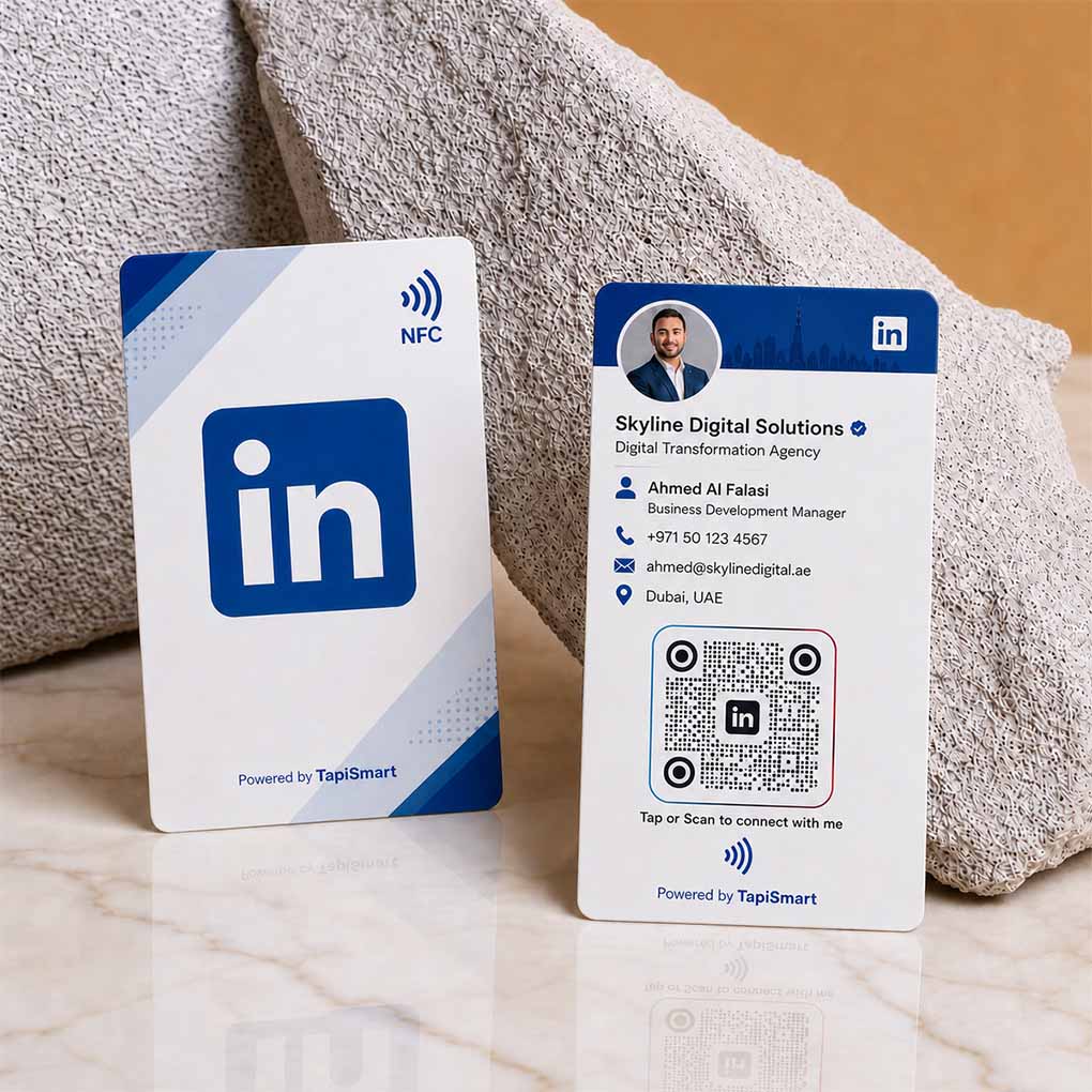 LinkedIn NFC digital business card in Dubai with QR code for professional networking and contact sharing