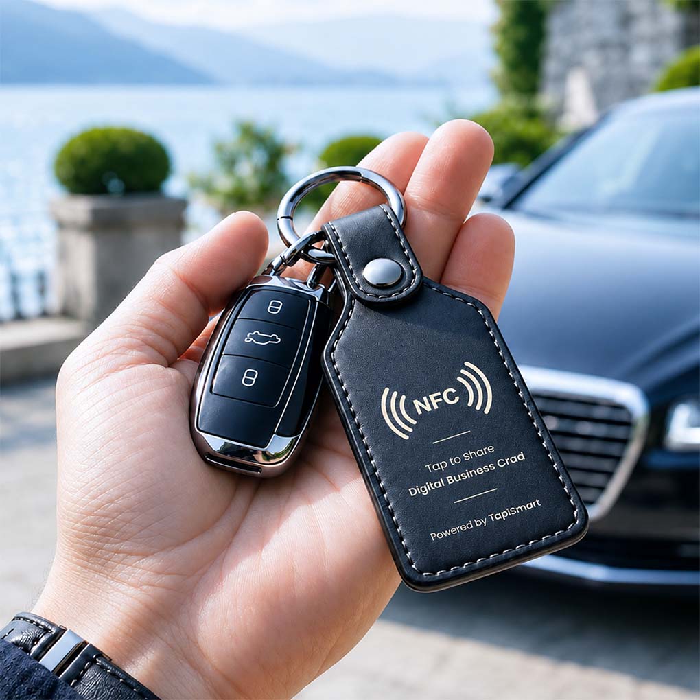 NFC digital business card keychain in Dubai with tap to share contact details and smart business profile