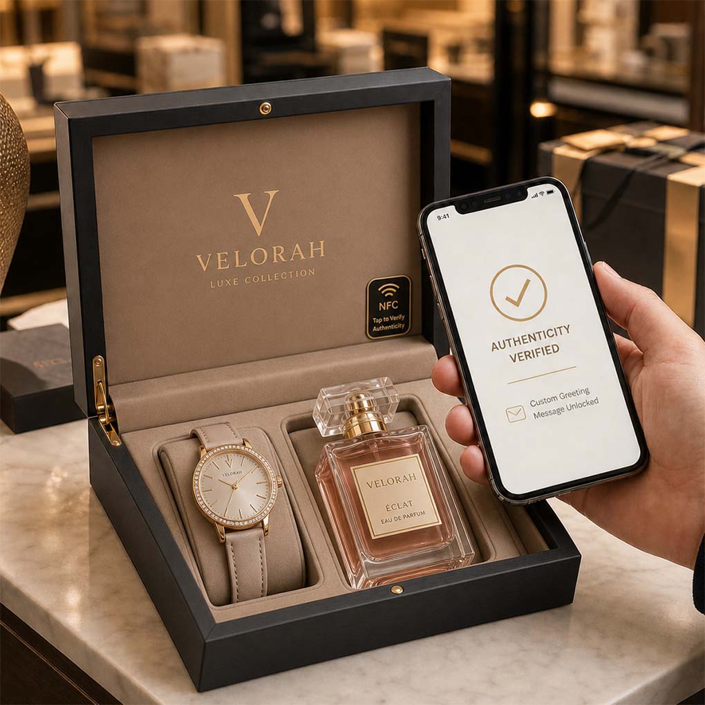 NFC product authentication tag in Dubai for luxury packaging, brand verification and anti-counterfeit solutions