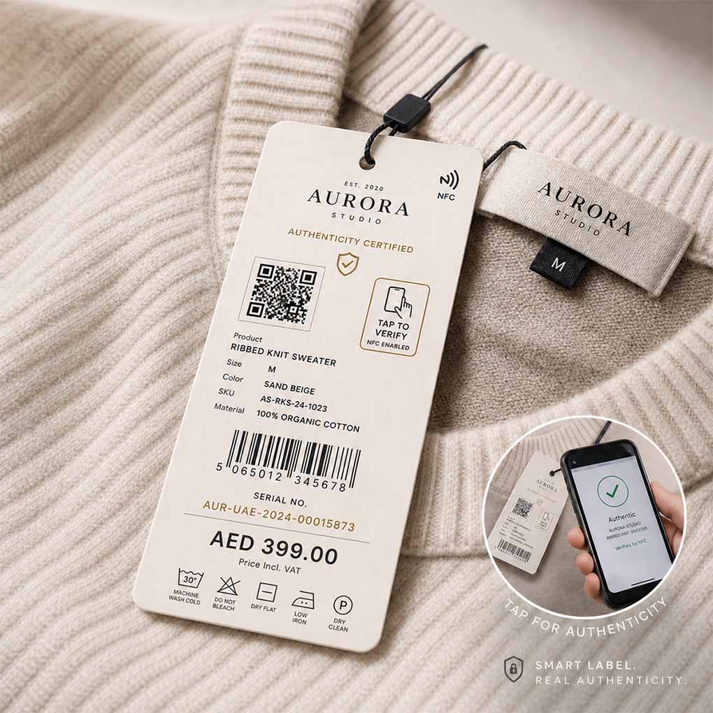 NFC smart clothing label in Dubai with QR code and tap to verify product authenticity for fashion brands