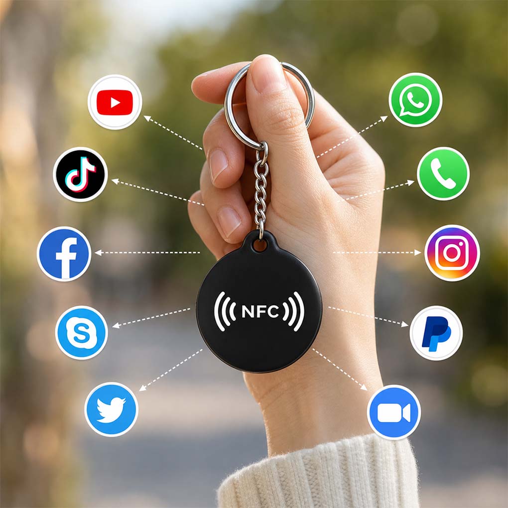 NFC social media keychain tag in Dubai for tap to share WhatsApp, Instagram, Facebook and digital contact profiles