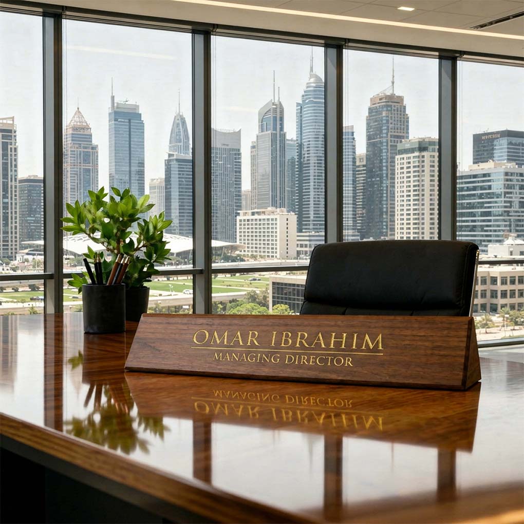 Custom wooden managing director desk sign in Dubai for executive offices and corporate table signage