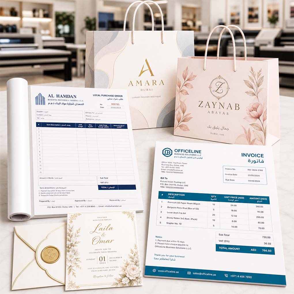 Business stationery and offset printing in Dubai for purchase orders, invoices, invitations and custom branded paper bags