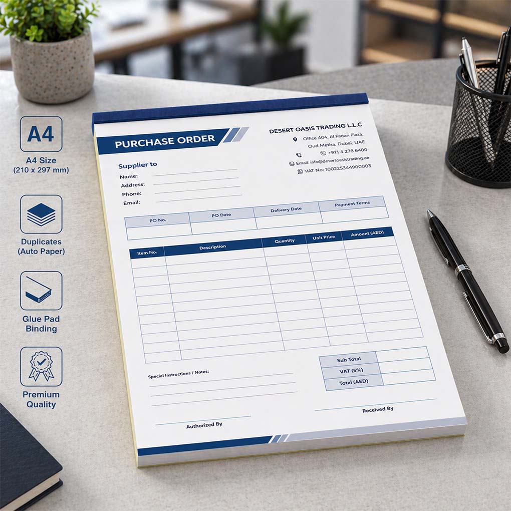 A4 NCR purchase order book printing in Dubai with duplicate paper, glue pad binding and custom company details