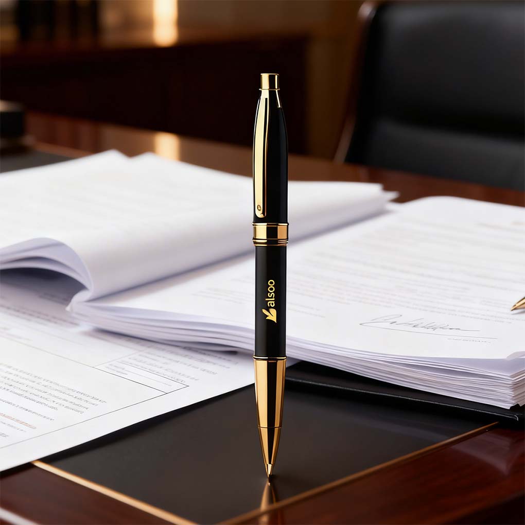 Premium black and gold corporate pen with custom logo printing for executive gifts in Dubai UAE
