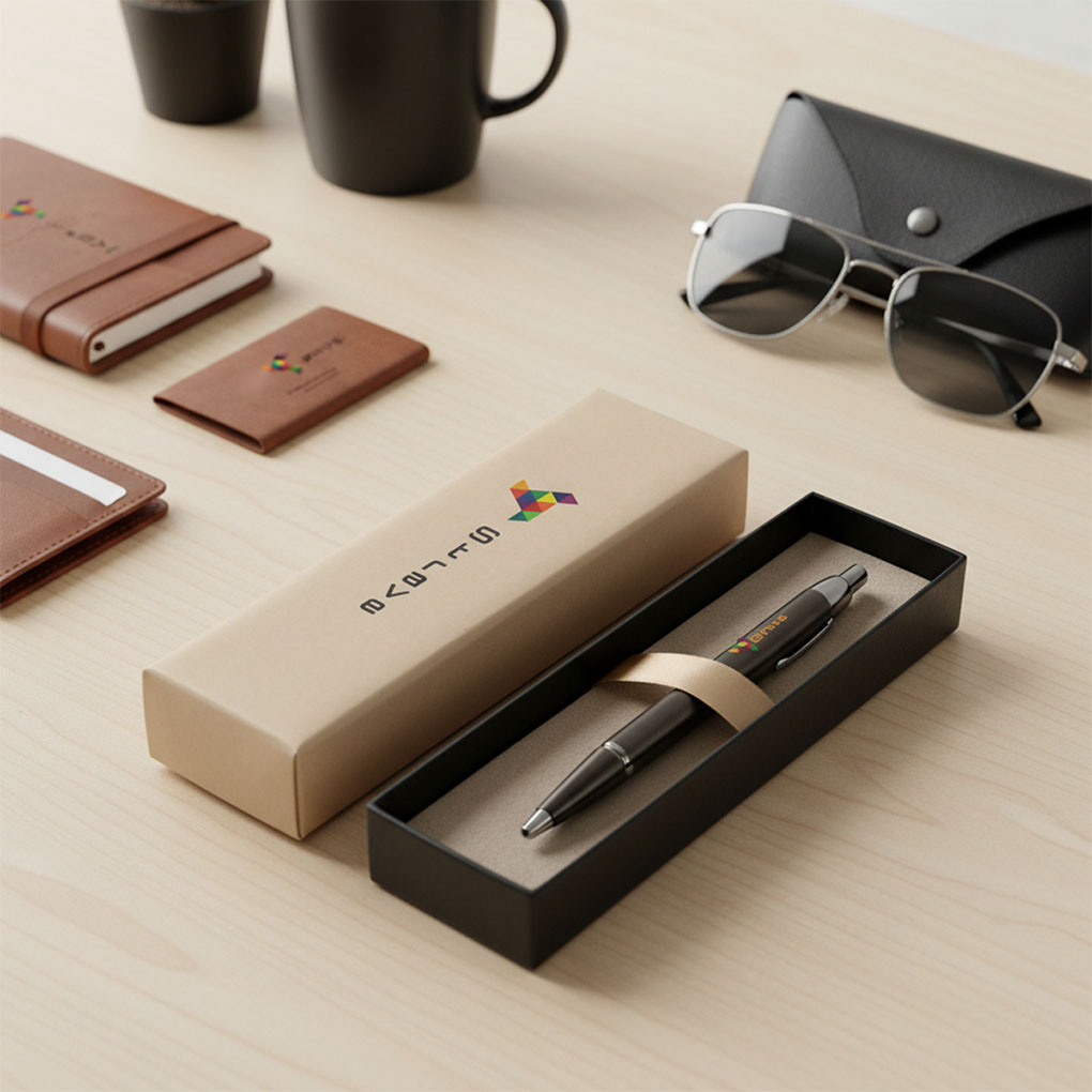 Promotional metal pen with custom logo and branded presentation box for corporate gifts in Dubai UAE