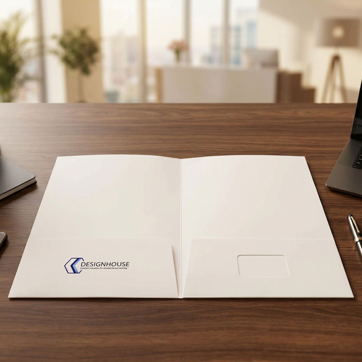 Custom document folder printing with internal pockets and branded company logo for corporate use in Dubai UAE