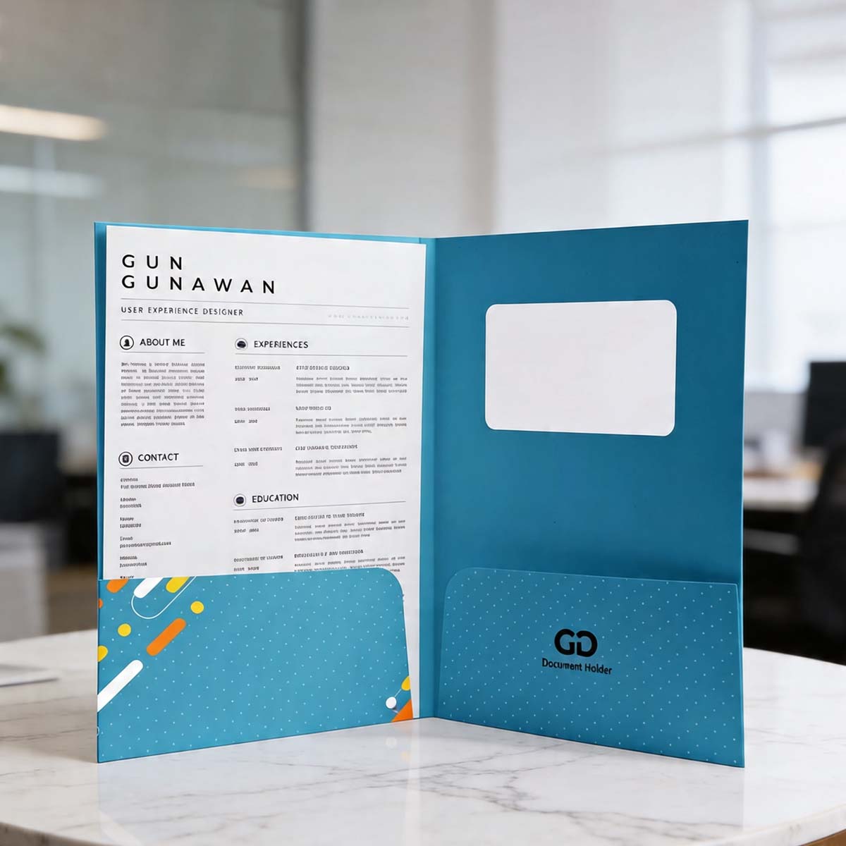 Custom presentation folder with document pockets and business card holder professionally printed in Dubai UAE