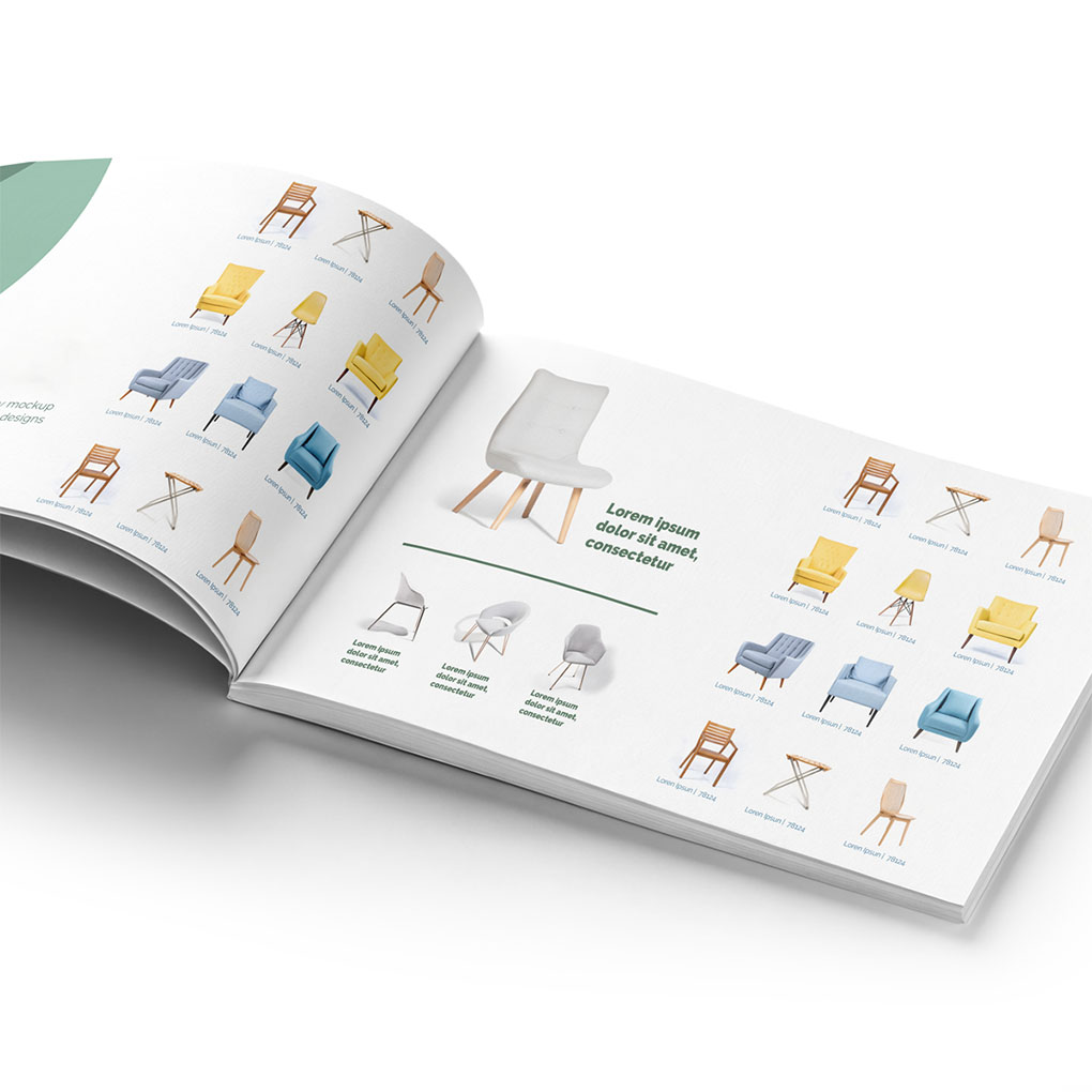 Open furniture catalogue brochure with full color chair product images and professional catalogue printing in Dubai UAE