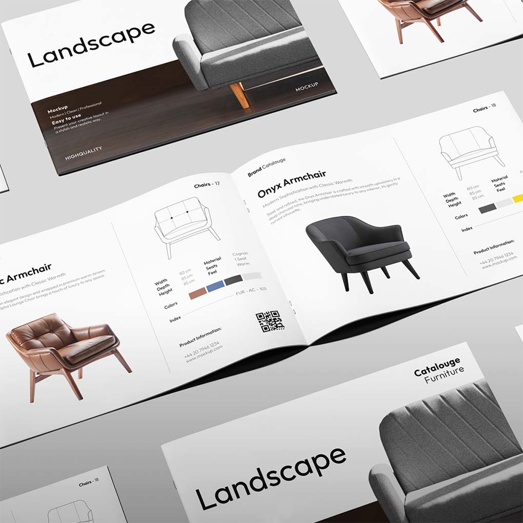 Furniture product catalogue printing with professional product images, specifications and modern layout in Dubai UAE