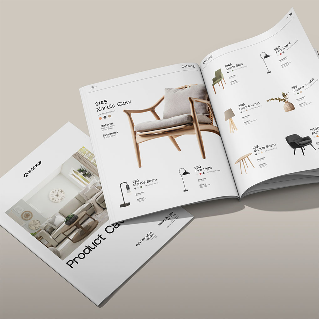 Premium product catalogue printing with furniture images, product details, specifications and prices in Dubai UAE