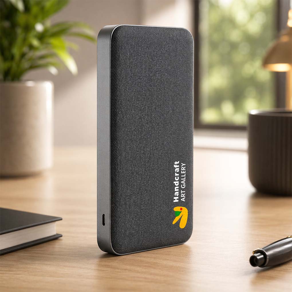 Custom branded power bank with company logo for corporate gifts, promotional giveaways and events in Dubai UAE