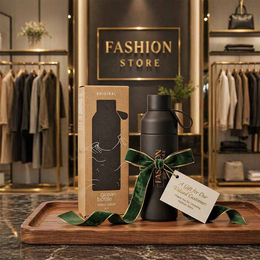 Custom branded reusable water bottle with company logo for corporate gifts and promotional giveaways in Dubai UAE