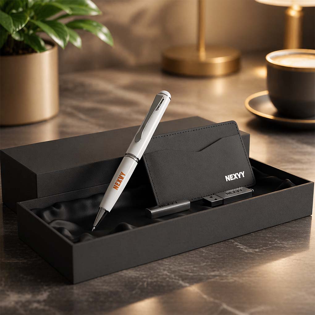 Premium executive corporate gift set with custom branded pen, card holder and USB flash drive in Dubai UAE