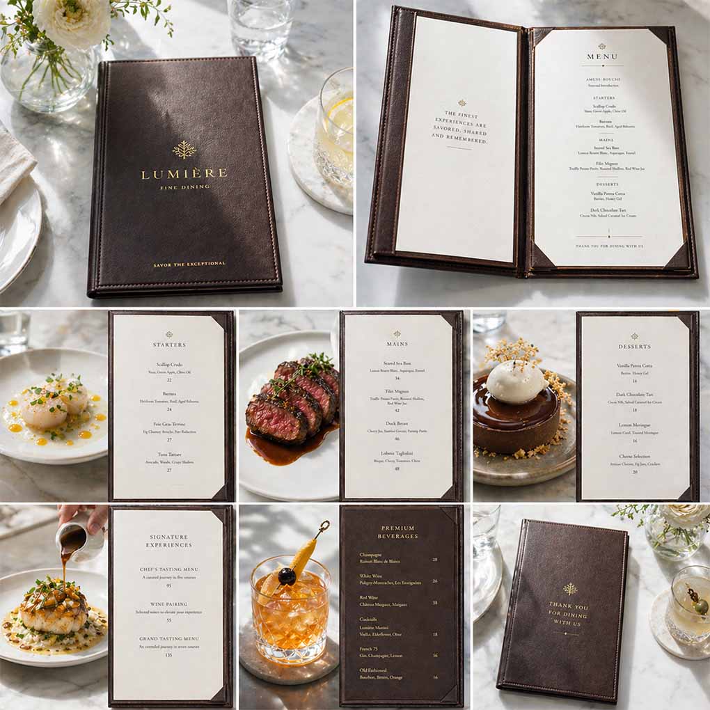 Premium leather restaurant menu cover with custom printed menu inserts for fine dining restaurants in Dubai UAE