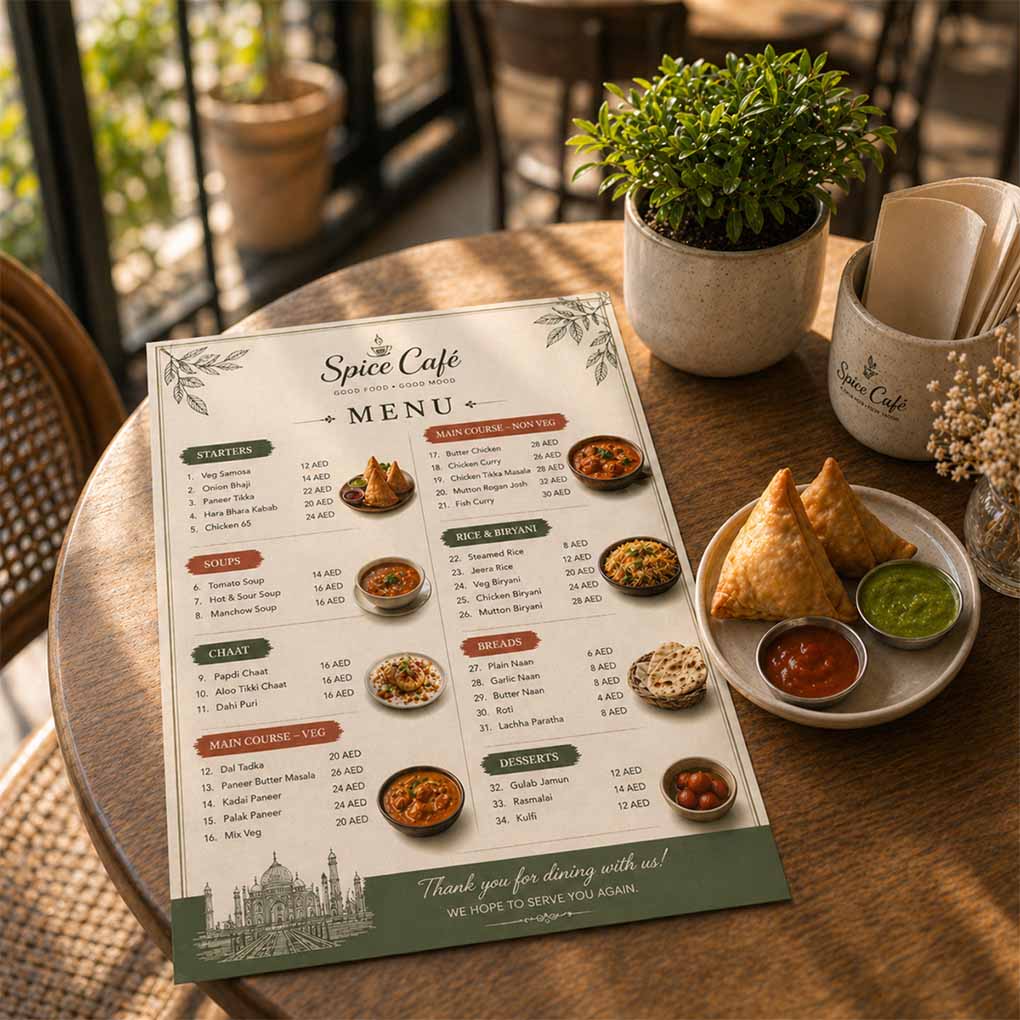 Custom restaurant food menu printing with dishes, prices and branded menu design in Dubai UAE