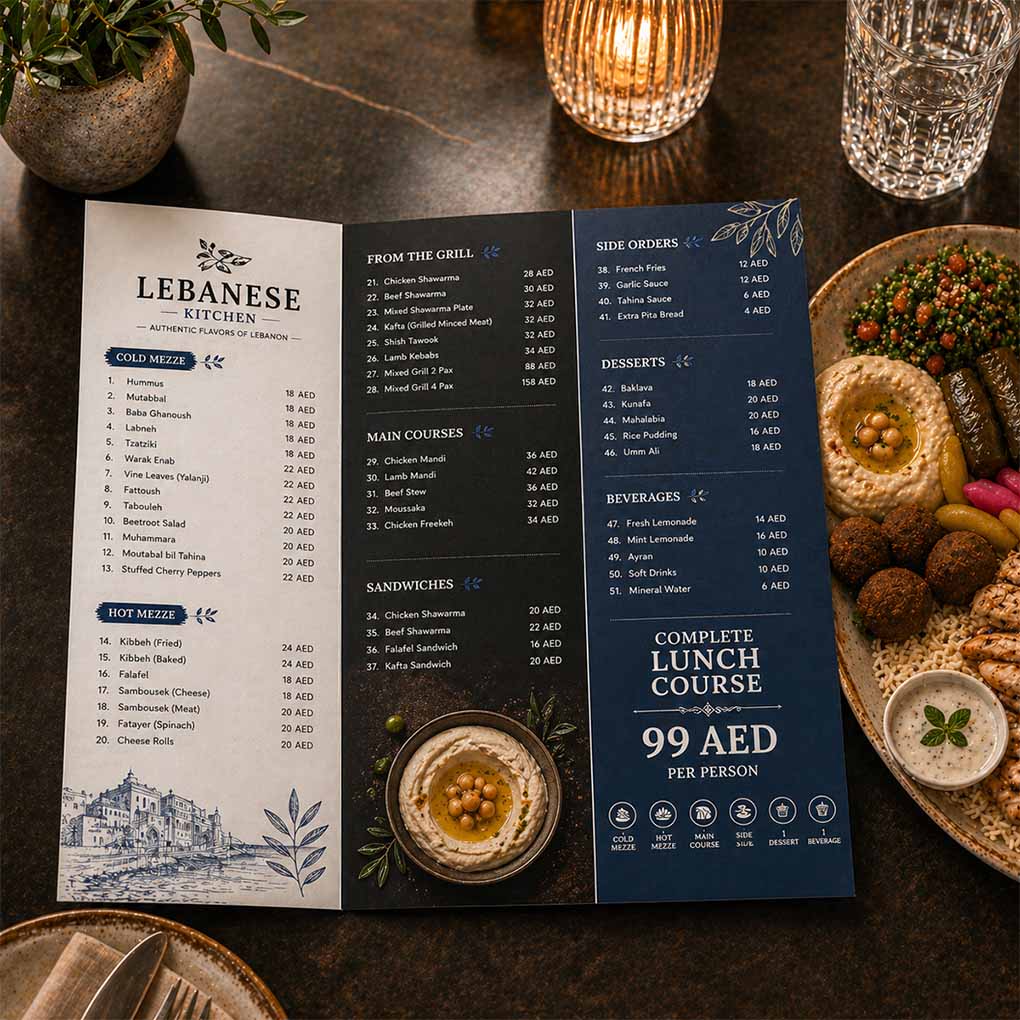 Tri-fold restaurant menu printing for Lebanese and Arabic restaurants with food items and prices in Dubai