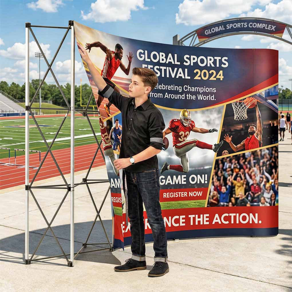 Large custom pop up exhibition backdrop display for sports events, trade shows and promotional events in Dubai UAE