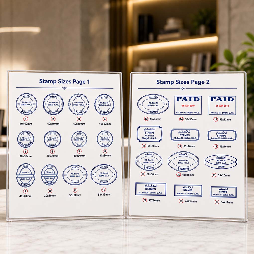 Rubber stamp size and shape options including round, oval and rectangular custom stamps in Dubai