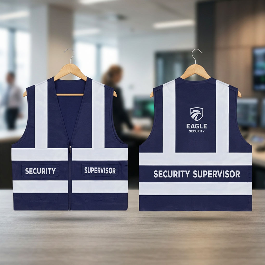 Custom security supervisor safety jacket printing with reflective strips and company logo in Dubai