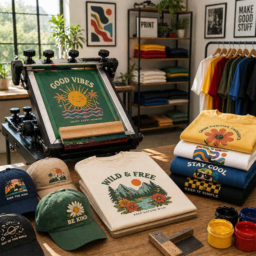 Professional apparel screen printing for custom T-shirts, caps and branded clothing in Dubai