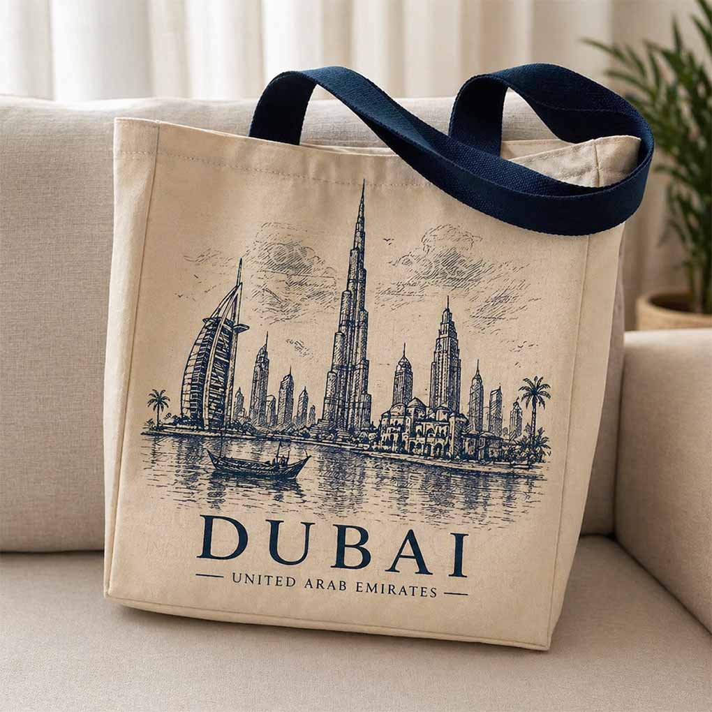 Custom canvas tote bag screen printing with Dubai skyline artwork