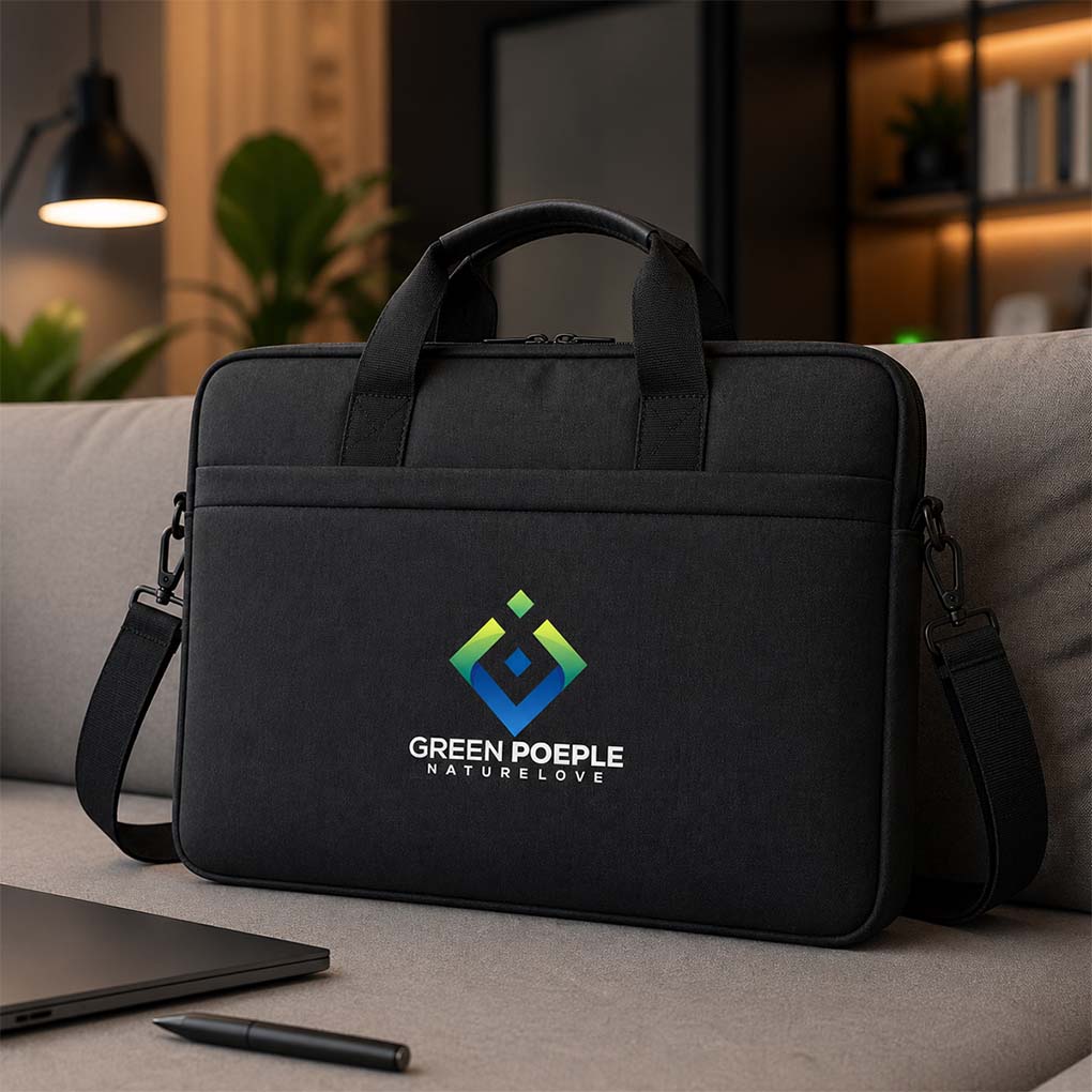 Custom logo screen printing on corporate laptop bag for promotional branding in Dubai