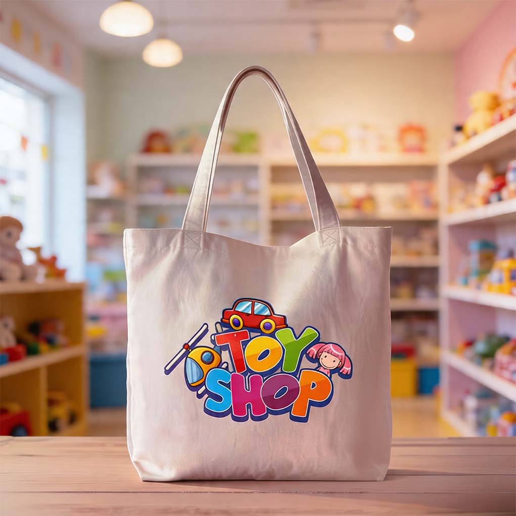Custom printed reusable tote bag with colorful logo for retail shops promotions and branded merchandise in Dubai UAE
