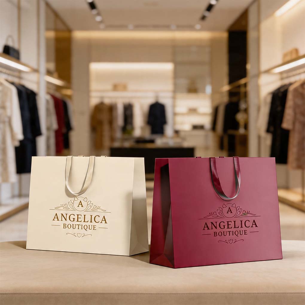 Luxury custom shopping bags with logo printing and ribbon handles for boutiques and retail stores in Dubai UAE