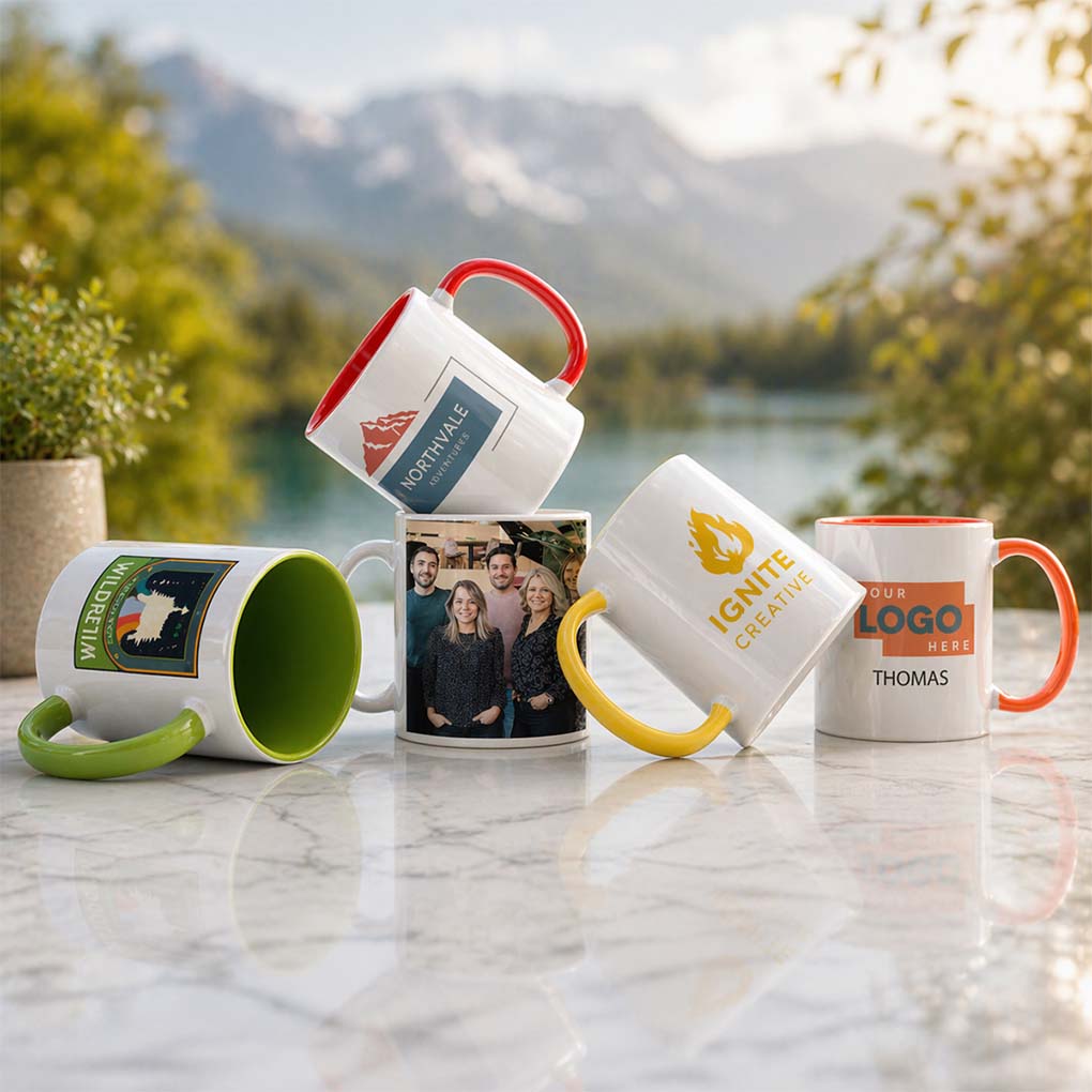 Custom ceramic mug sublimation printing with logos, photos and personalized designs in Dubai