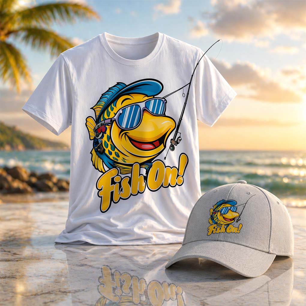 Custom T-shirt and cap sublimation printing with colorful logo design in Dubai